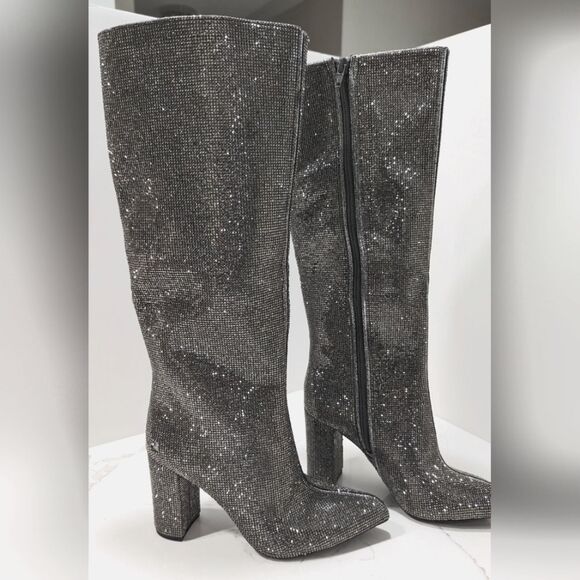 New INC Tall Sparke Knee High Boots Block Heel Pewter Crystal Sz 5 Taylor Swift - Picture 5 of 16